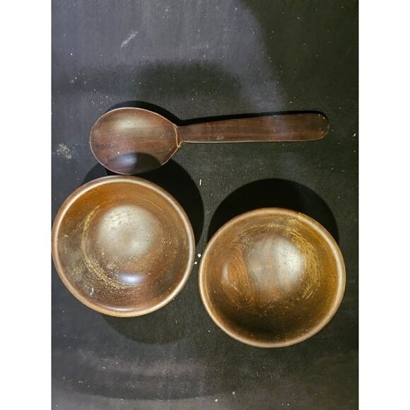 Vintage Wooden Bowls Set with Spoon Handcrafted Rustic Decor Kitchenware - Picture 1 of 5
